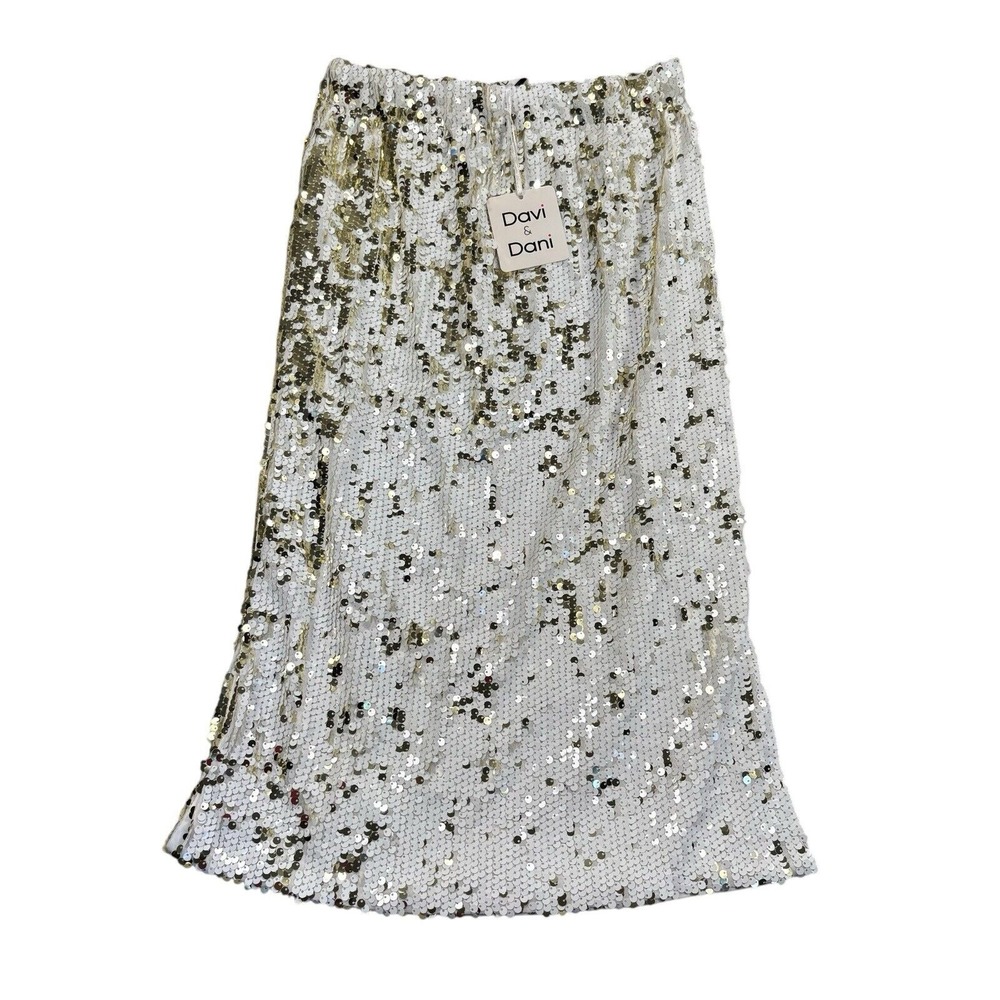 NEW Davi & Dani Multi-Color‎ Sequin Pencil Mid Skirt Size L Gold White Party NYE